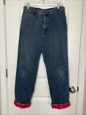 Eddie Bauer Flannel Lined Red Yellow Plaid Women Dark Blue Jeans Size 12